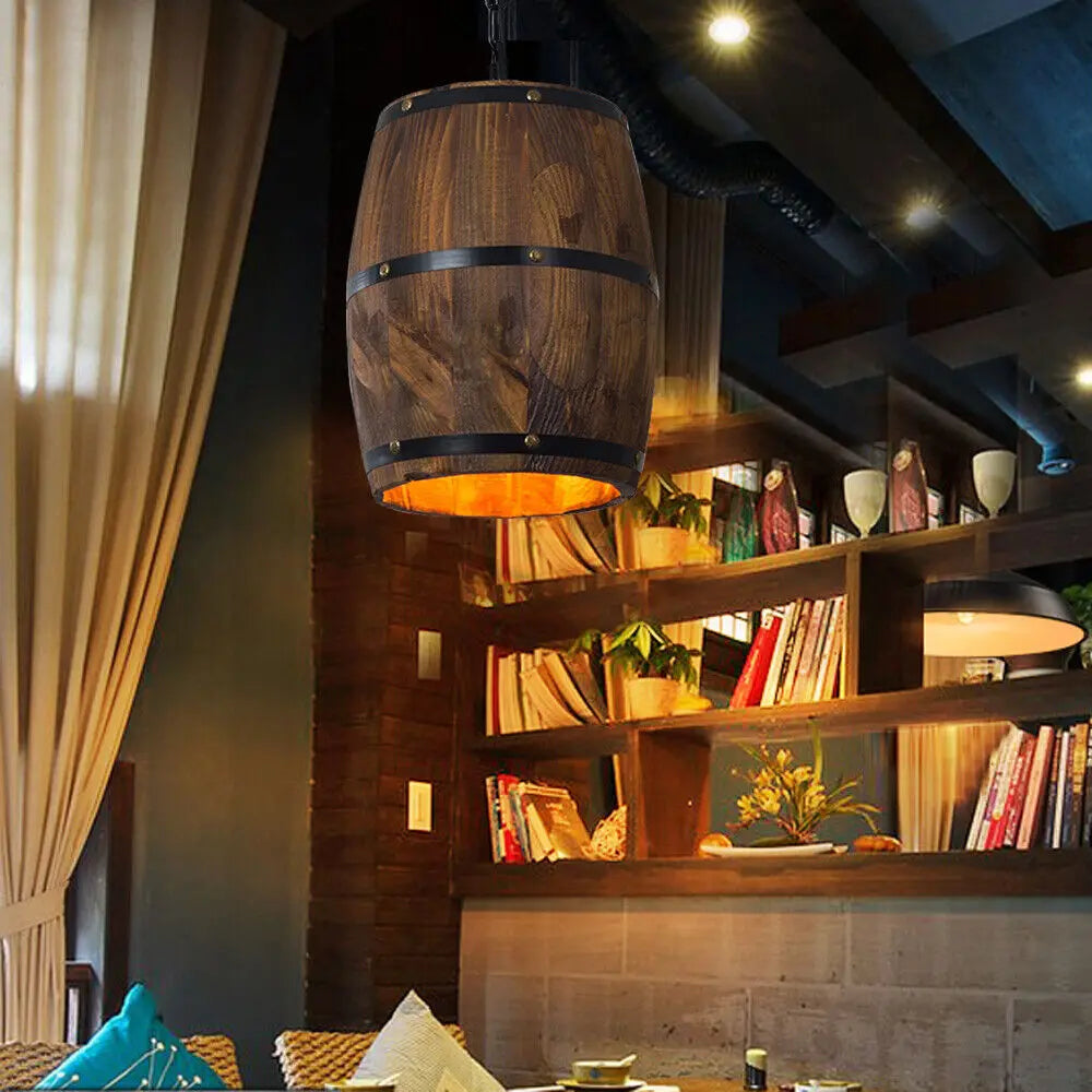 Hanging Vintage Wine Barrel Pendant Light Rustic Wood Ceiling Lamp