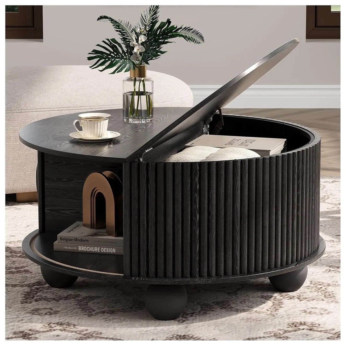Round Coffee Table With Hidden Storage In Walnut Wood Drum