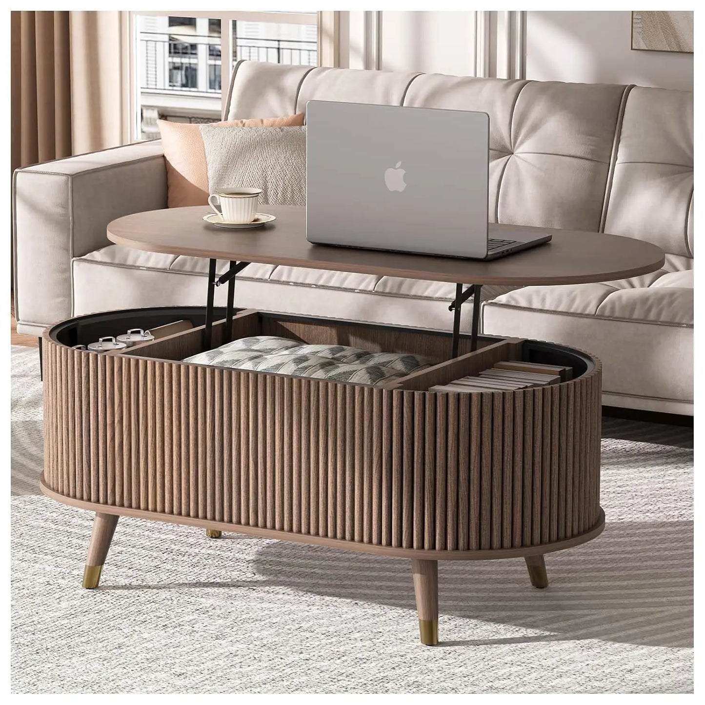 Round Coffee Table With Hidden Storage In Walnut Wood Drum