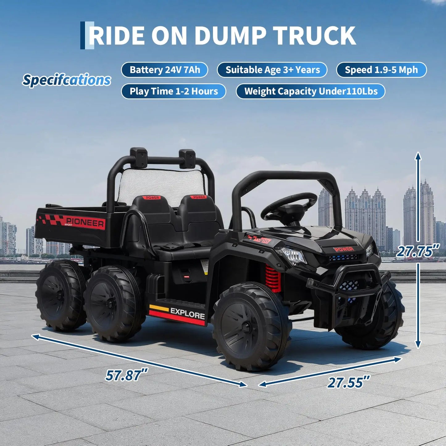 HiMISSE 24V 4WD Electric 2 Seater Ride On Dump Truck