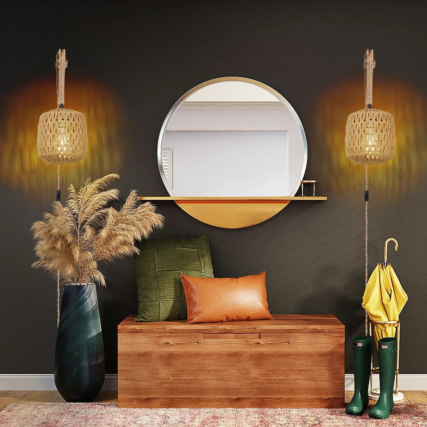 ONEYLTTC LED Rattan Wall Lamp E27 Hemp Rope Lights