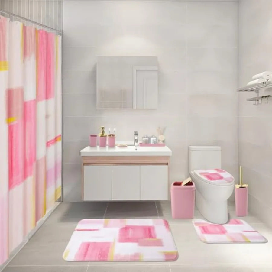 Bathroom Accessory Set With Shower Curtain Rugs Trash Can Dispenser