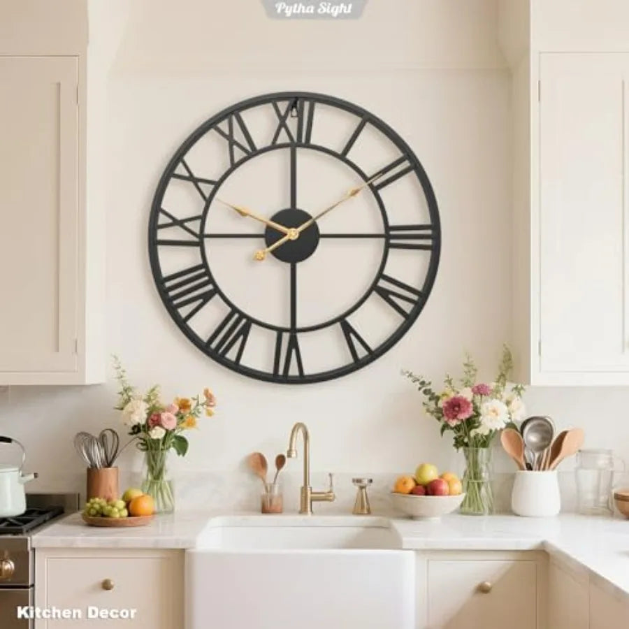Round Silent Vintage Industrial Farmhouse Wall Clock Roman Numerals