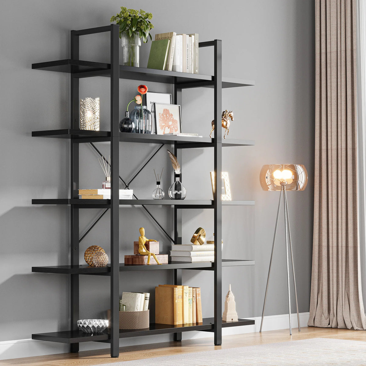 Tribesigns Five Tier Vintage Industrial Wooden Bookshelf Bookcase