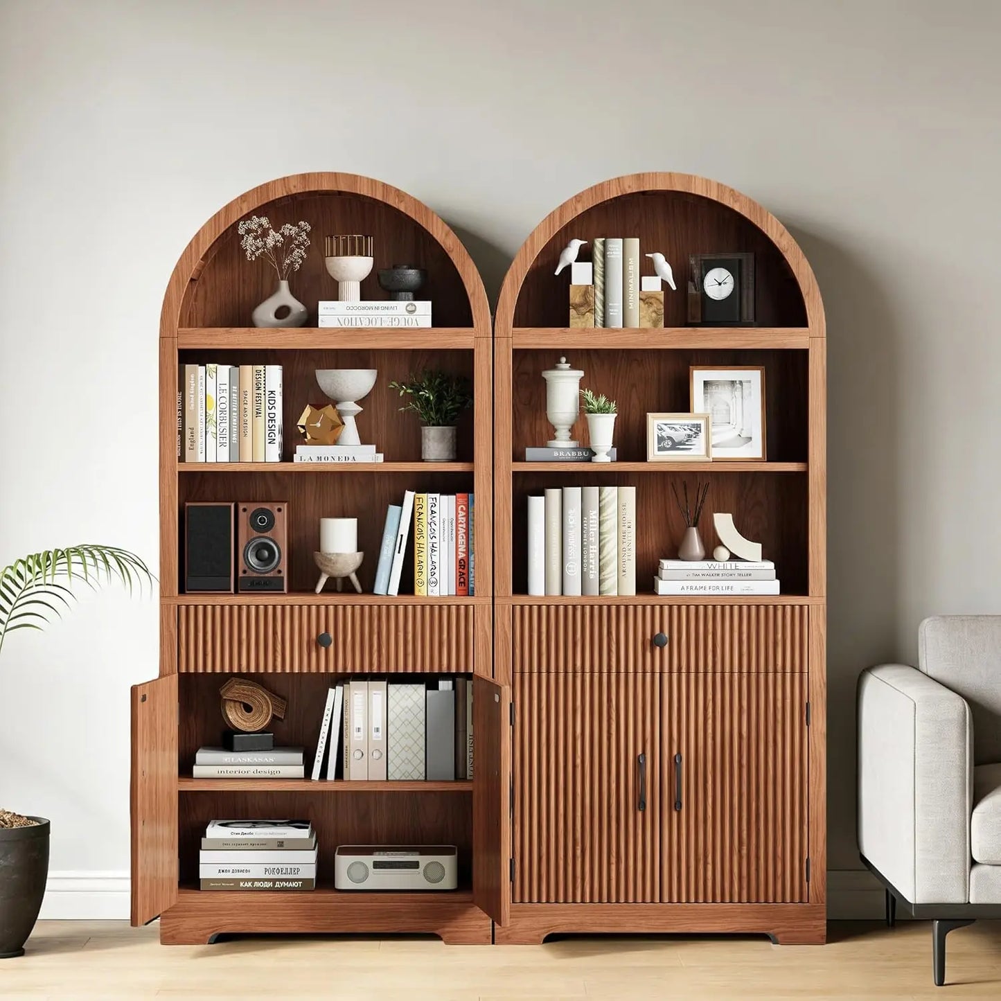 Farmhouse Arched Bookshelf 5-Tier Cabinet With Door