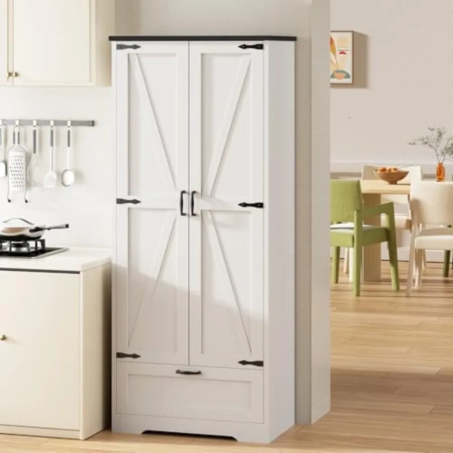 Freestanding Farmhouse Kitchen Pantry Cabinet With Four Shelves And One Drawer