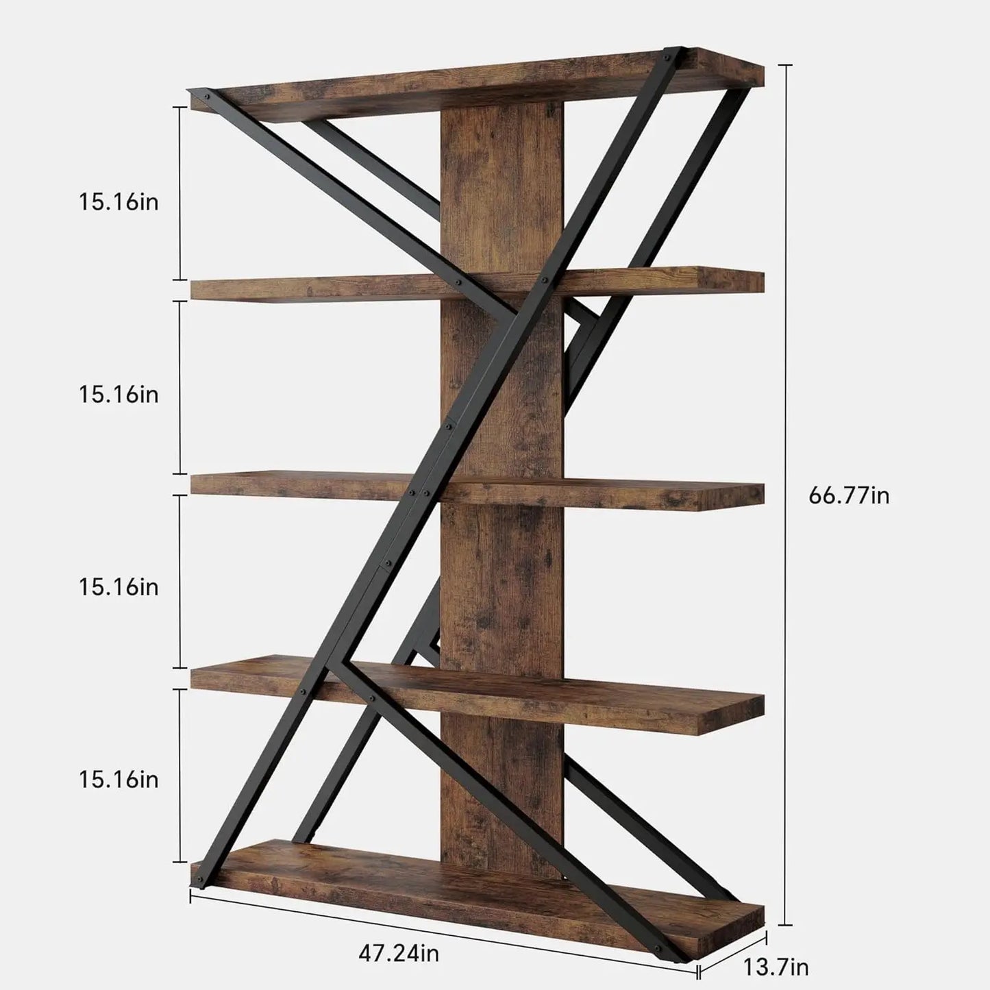 Rustic Industrial 5-Tier Wood and Metal Bookshelf Display