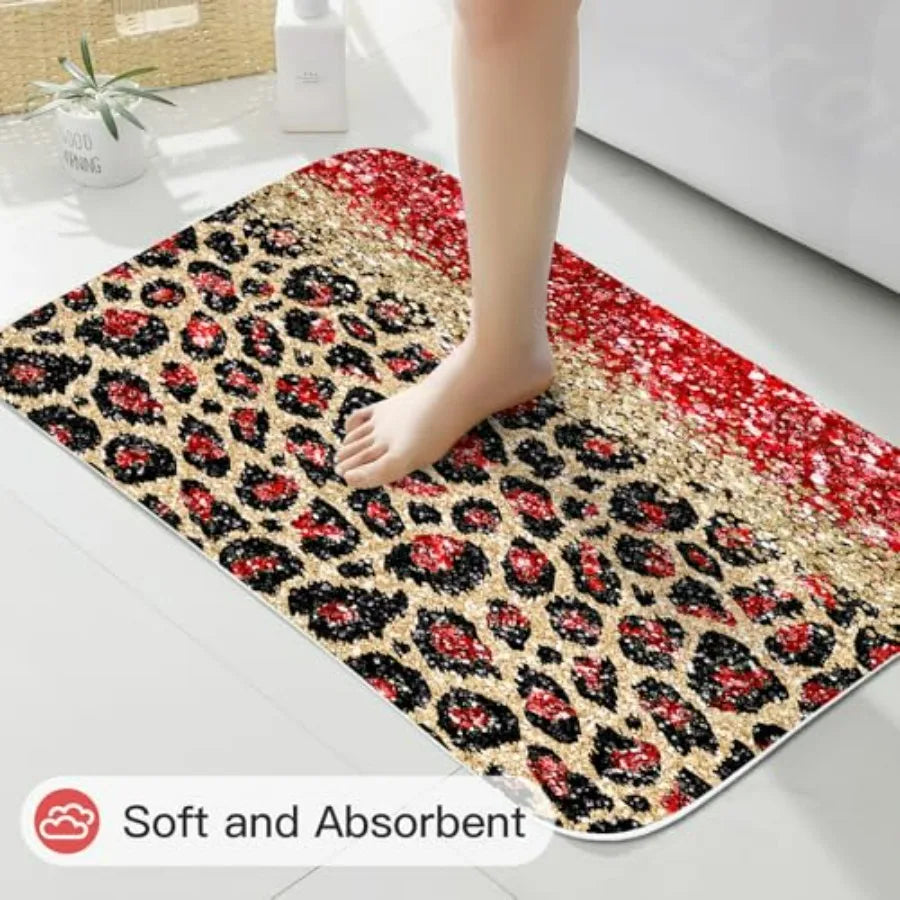 Leopard Print Shower Curtain Set With Non Slip Bath Mats