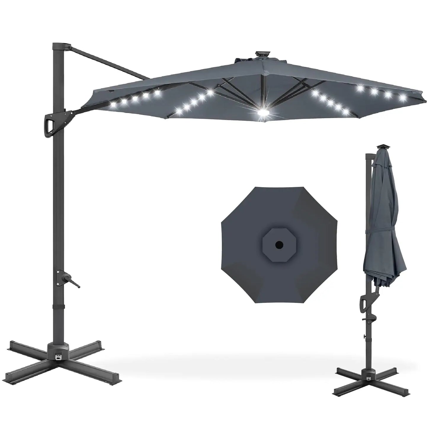 Cantilever Solar LED Patio Umbrella 360-Degree Rotation