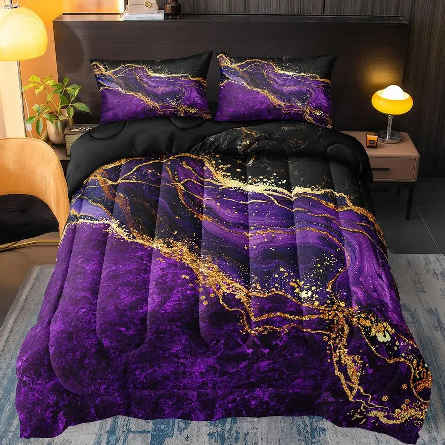 Marble Pattern Comforter Set With Abstract Artwork