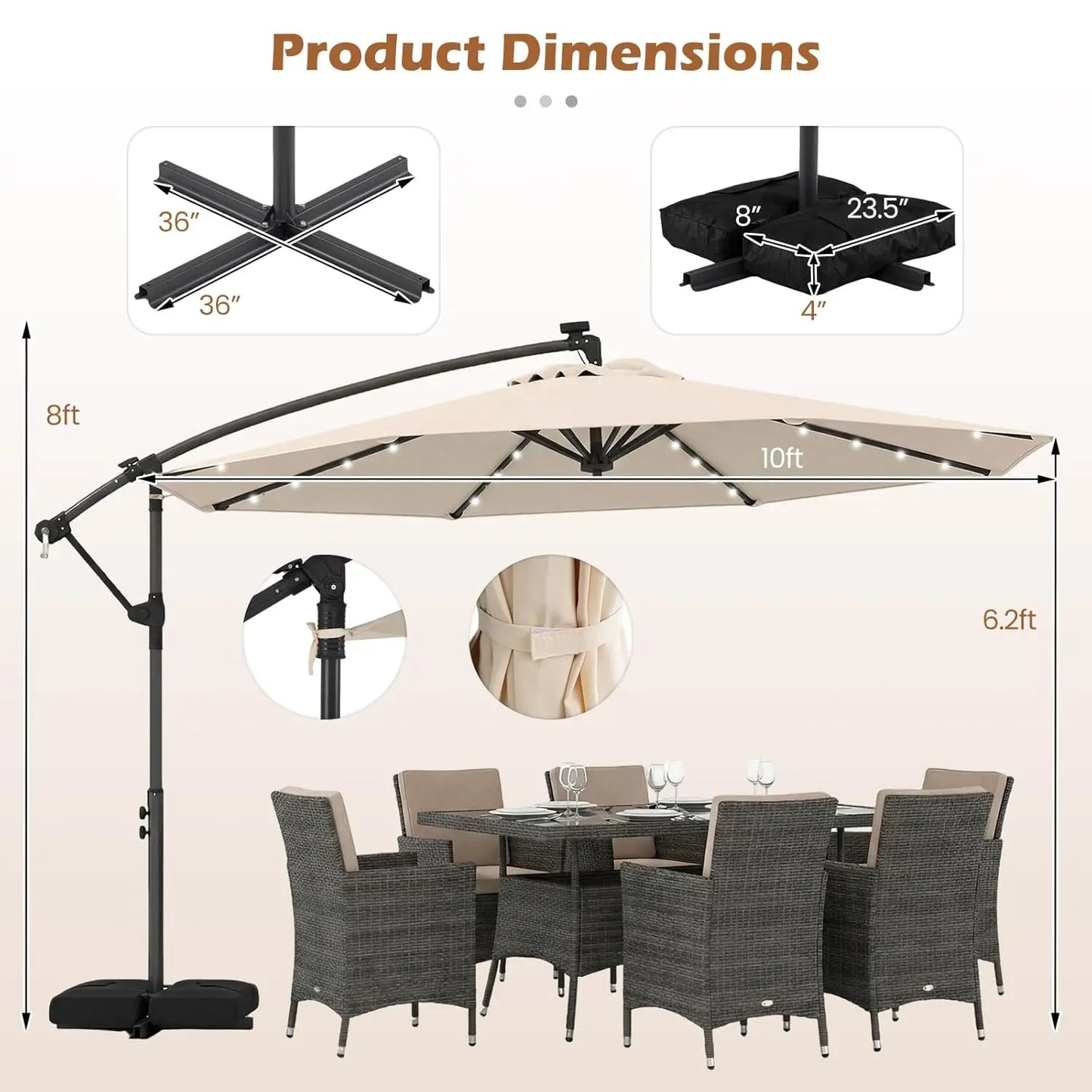 Solar Patio Cantilever Umbrella With Base And LED Lights