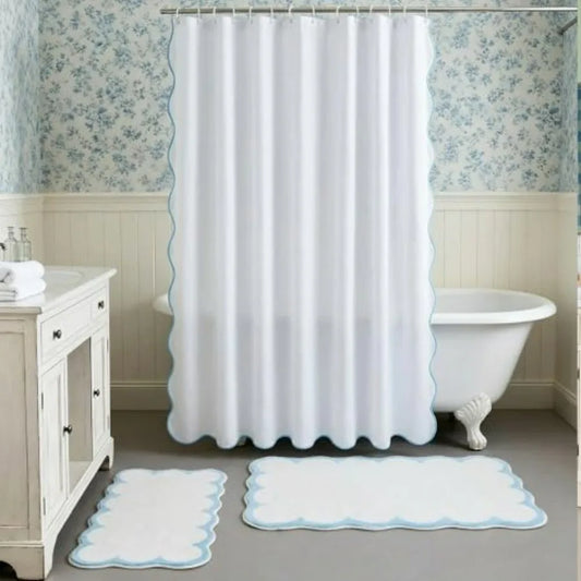 White Blue Scalloped Bathroom Waterproof Shower Curtain Set With Mat