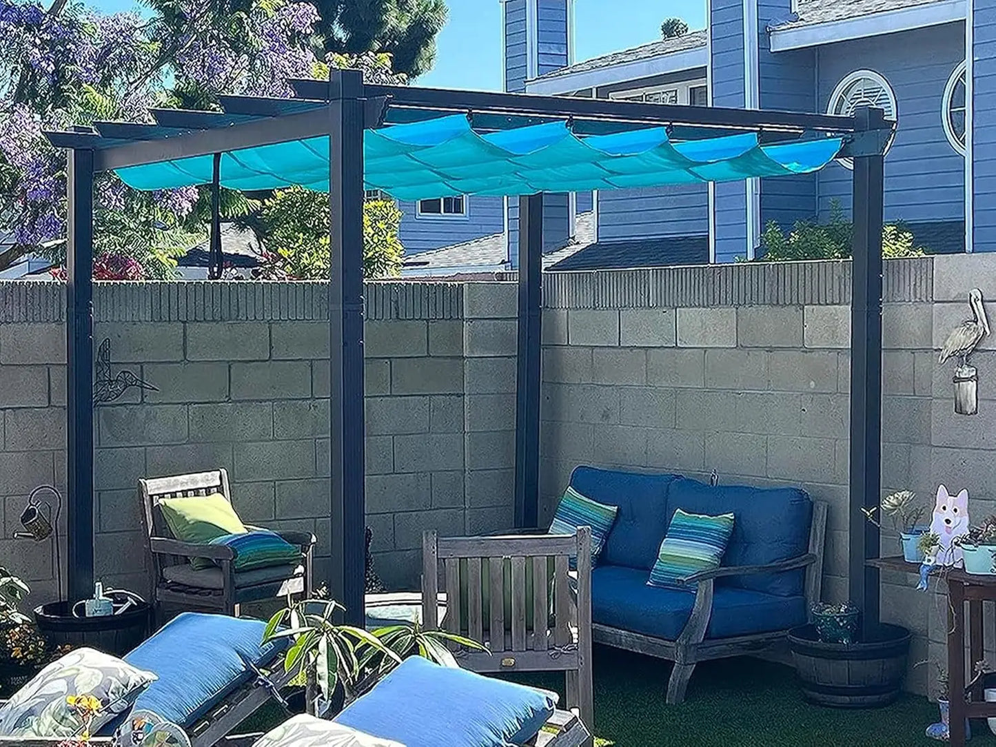 Outdoor Retractable Pergola With Sun Shade Canopy Aluminum Frame