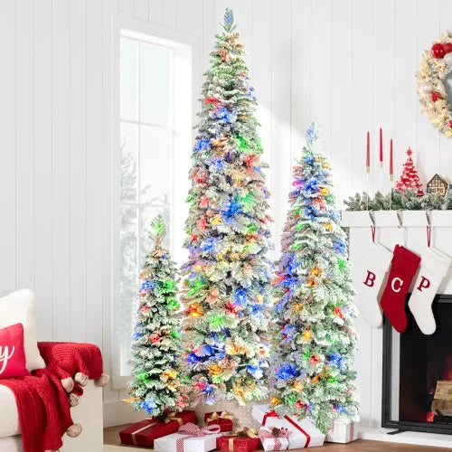 Slim Pencil Christmas Trees Set Of 3 Pre Lit With Snow Flocking