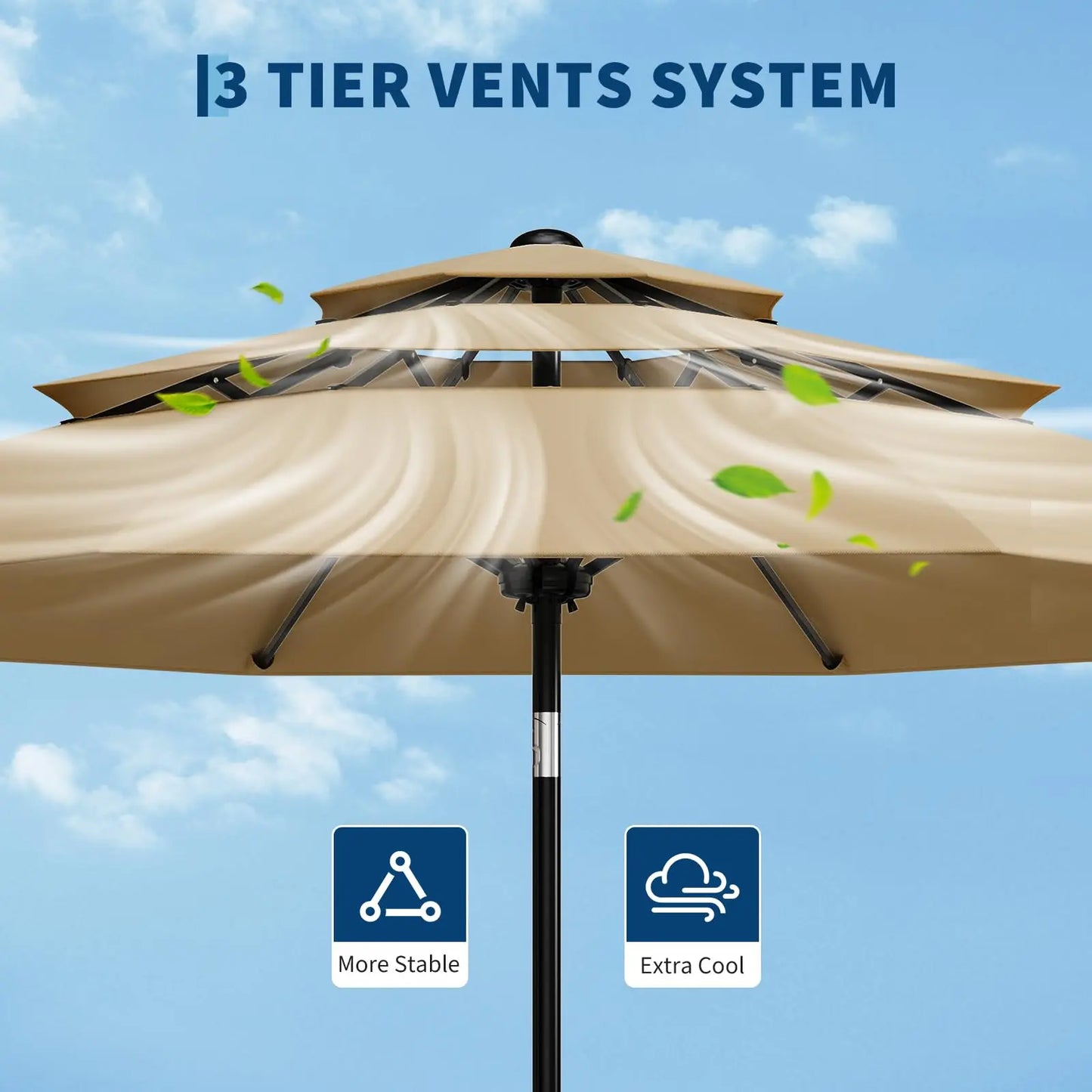 HiMISS 3 Tier Patio Umbrella Vented Sunshade Crank Tilt