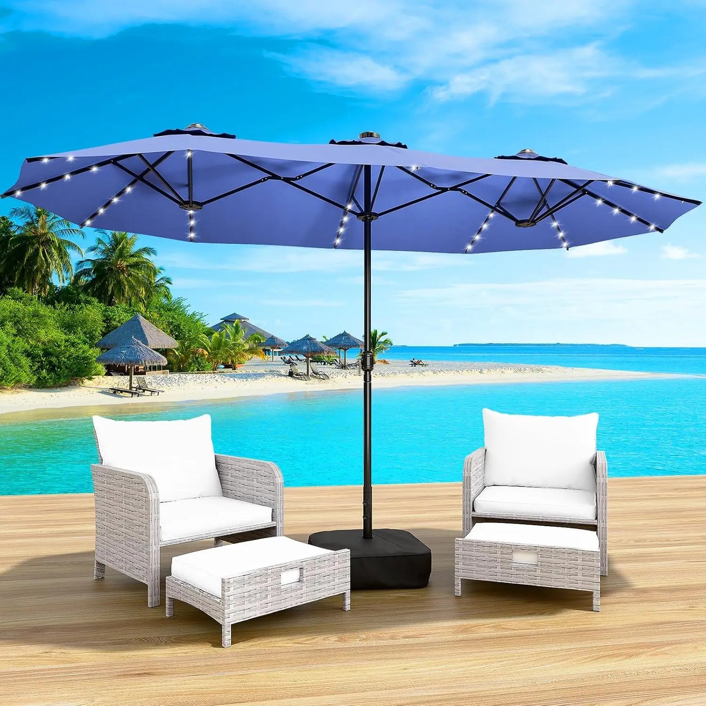 Patio Umbrella With Base And Solar LED Lights Double Sided