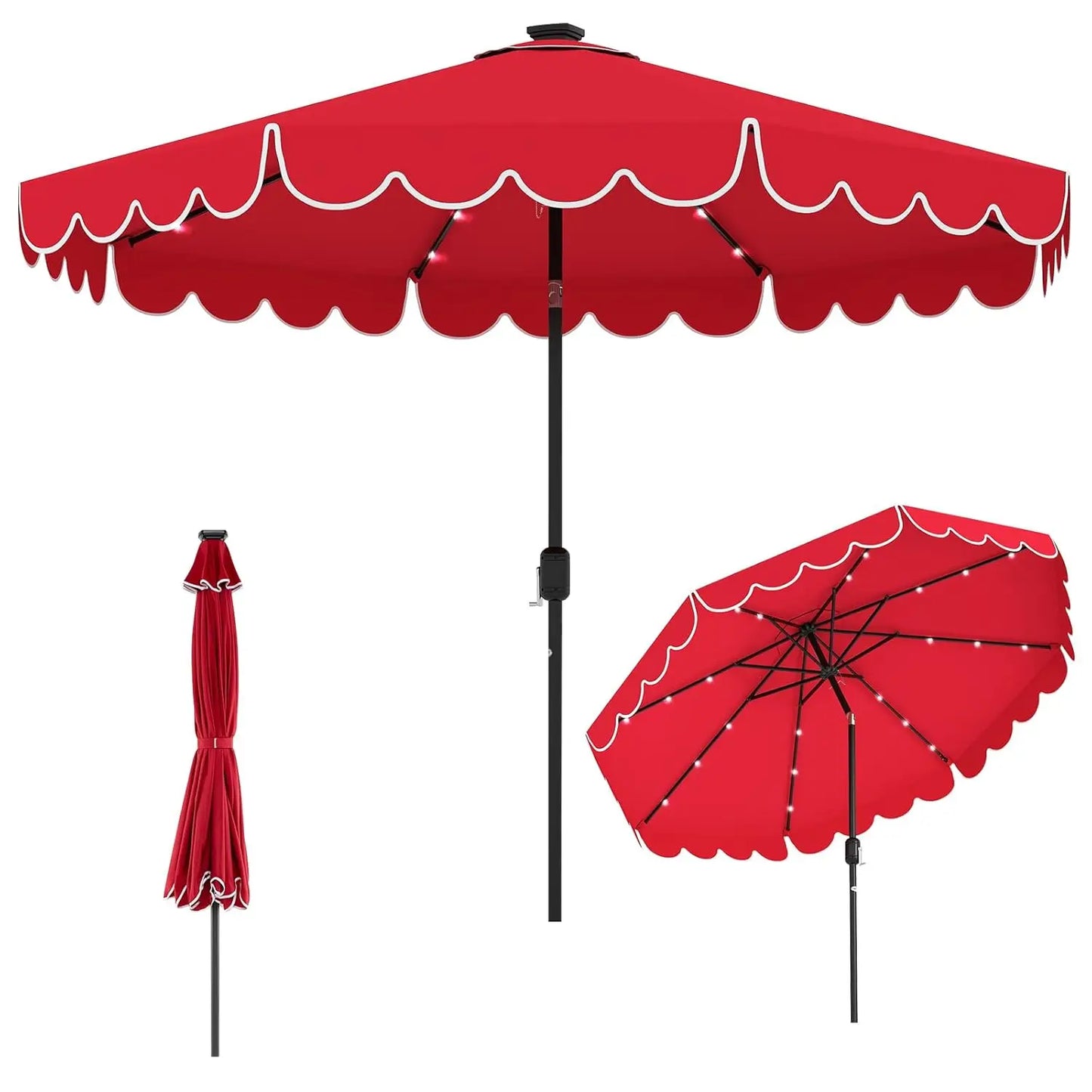 Solar LED Patio Umbrella With 24 Lights Two Tier Scalloped Vented