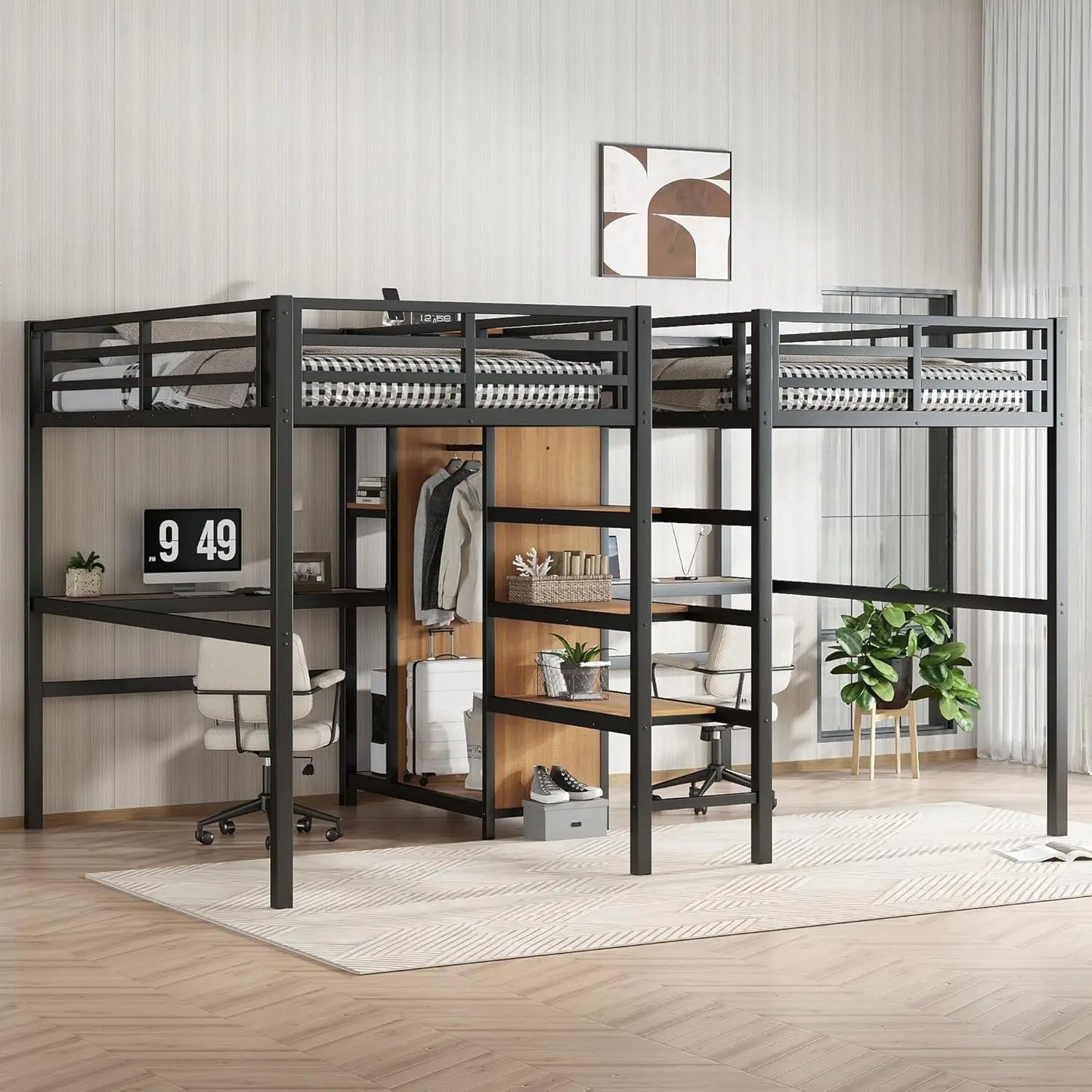 Double Loft Bed With Desk, Storage, Charging Station, Metal Frame