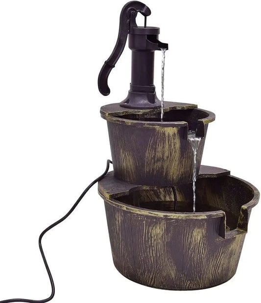 Rustic 2-Tier Outdoor Fountain With Hand Pump For Garden Decor