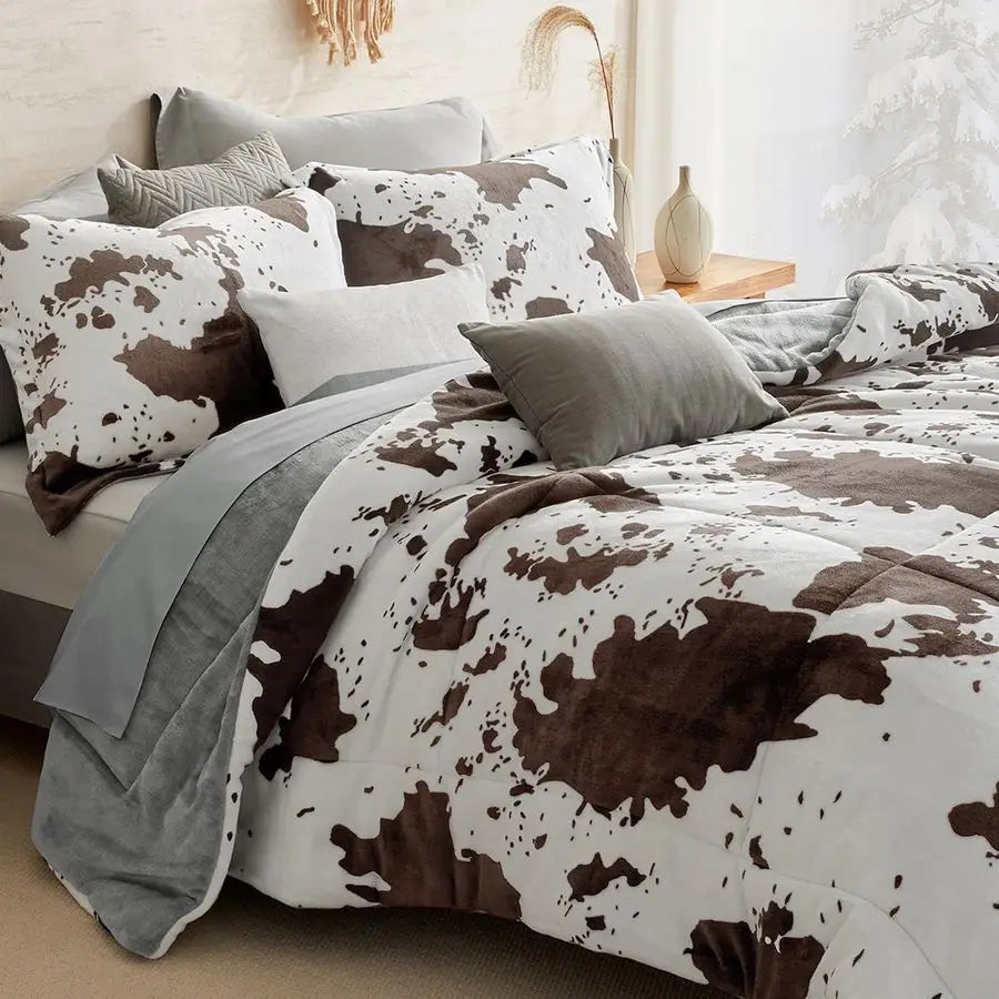 Velvet Flannel Comforter Set Cow Print Western Bedding
