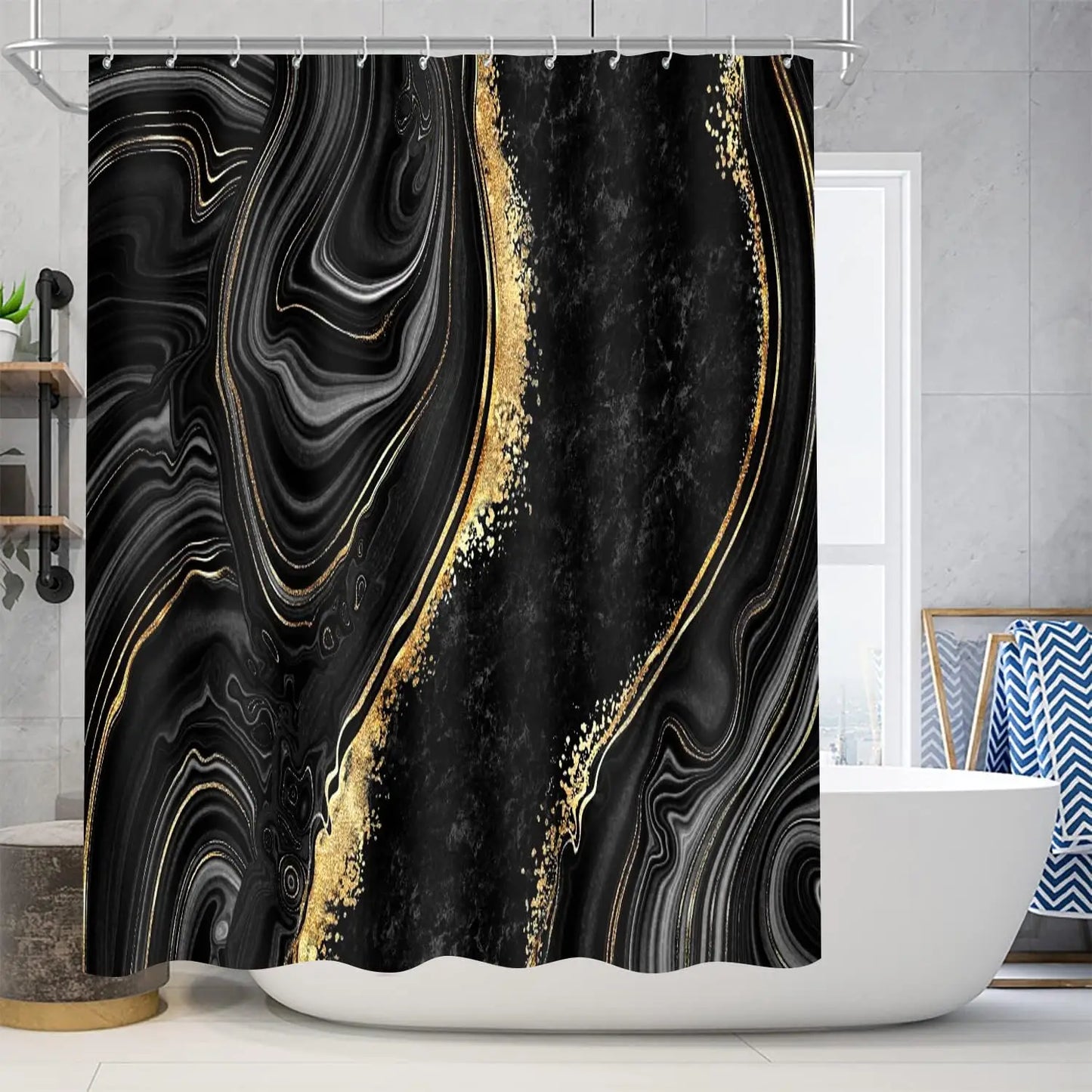 Marble Shower Curtain Set With Gold Accents And Toilet Cover