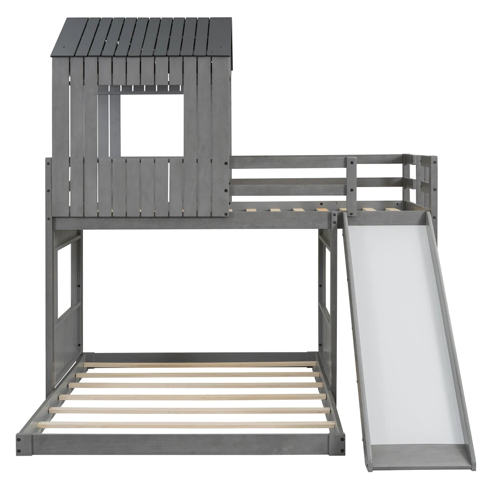 Wooden Bunk Bed With Playhouse Ladder Slide And Guardrails