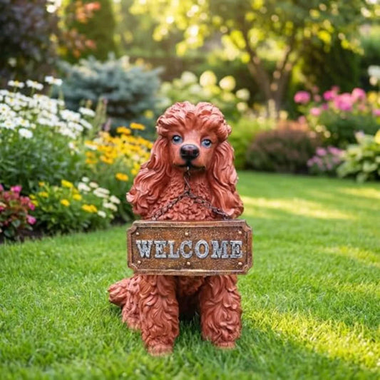 SHXI Outdoor Poodle Dog Statue Welcoming Solar Lantern