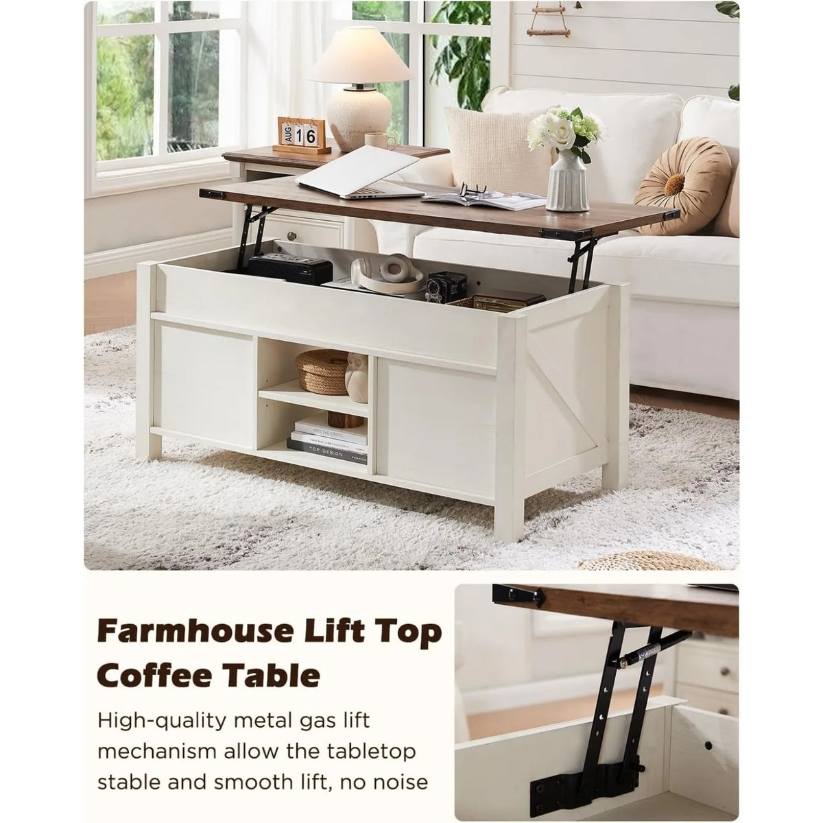 XIUWO Farmhouse Lift Top Coffee Table With Hidden Storage