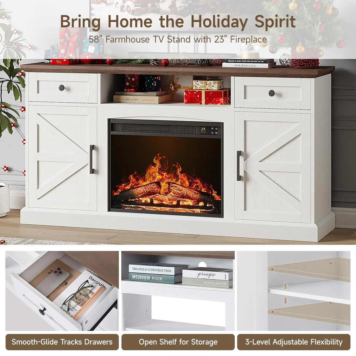 ONBRILL Farmhouse TV Stand With Electric Fireplace And Storage