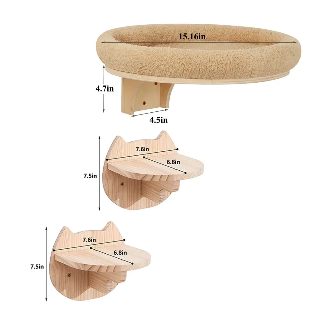 Solid Wood Cat Wall Mount Climbing Ladder With Hammock And Scratching Post