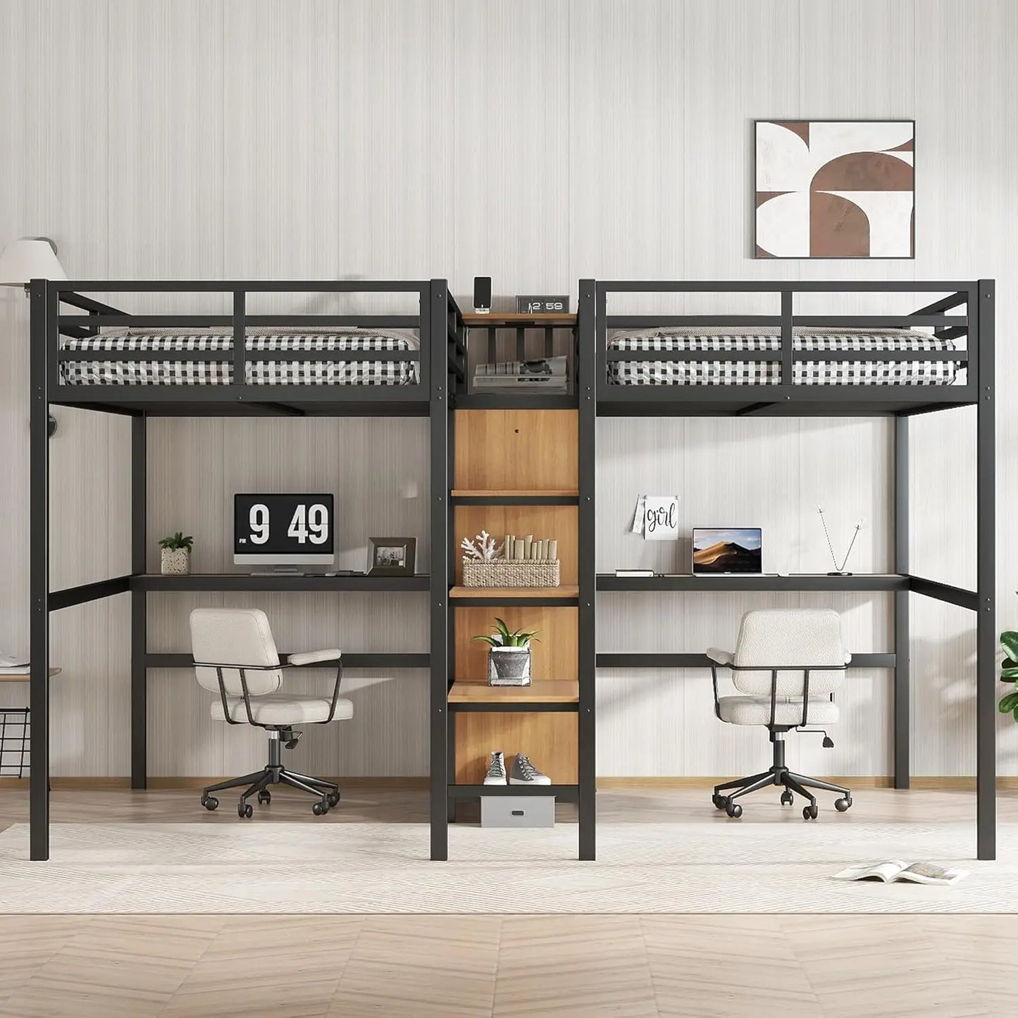 Double Loft Bed With Desk, Storage, Charging Station, Metal Frame
