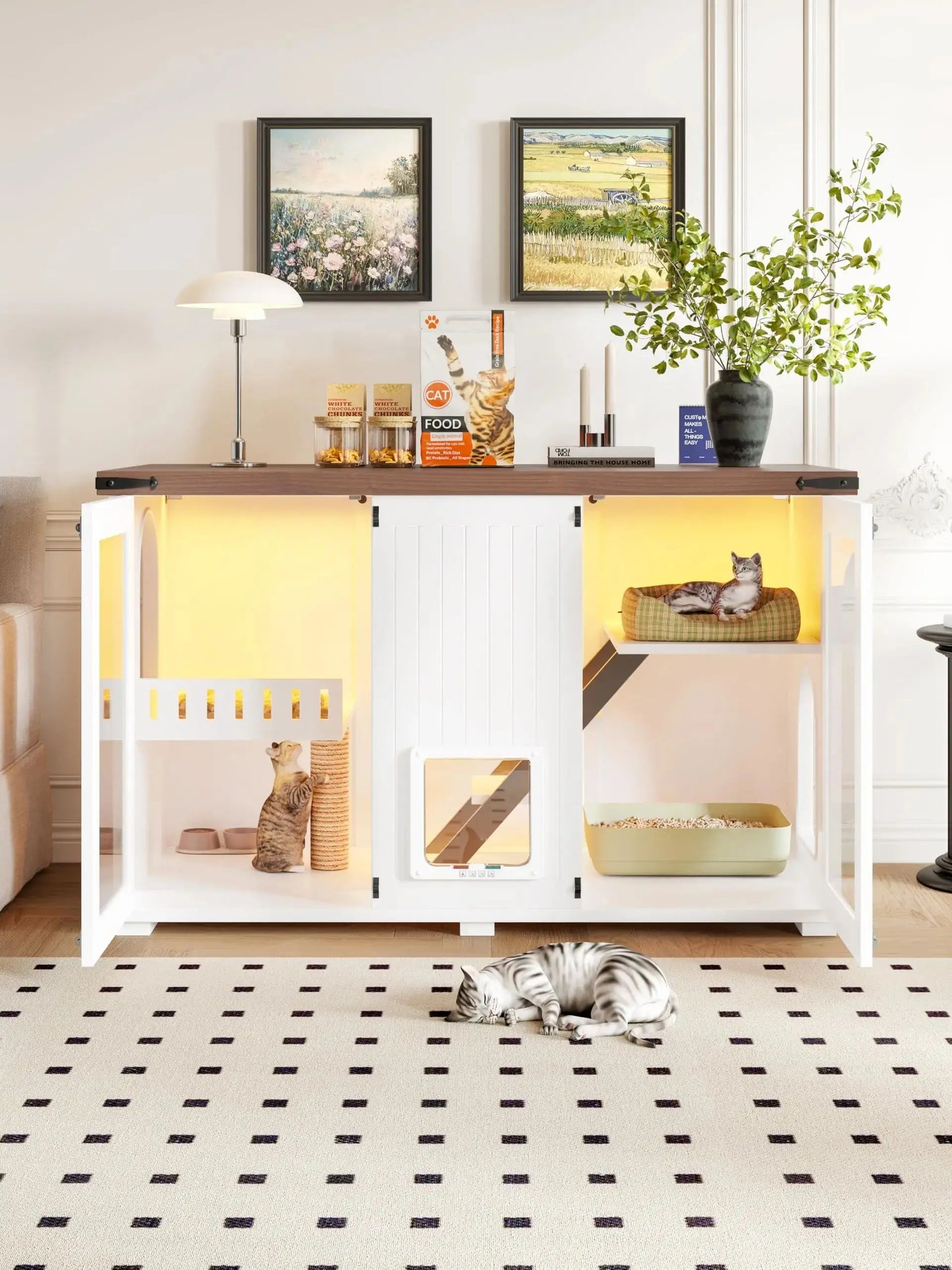 Cat House Litter Box Enclosure With LED Light Smart Doors