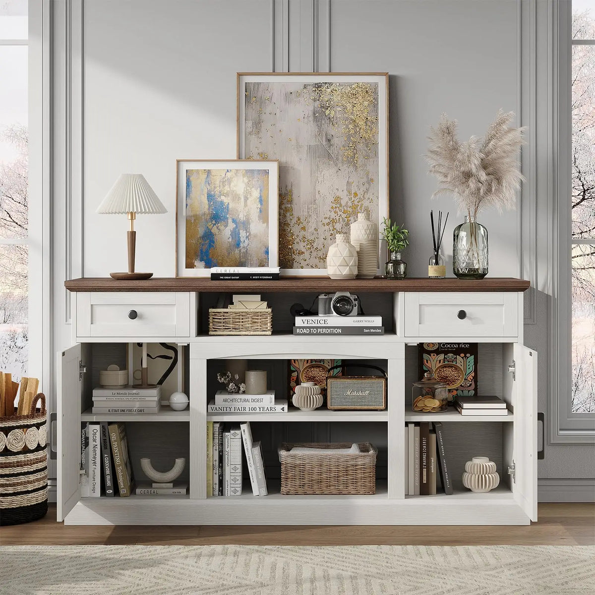 ONBRILL Farmhouse TV Stand With Electric Fireplace And Storage