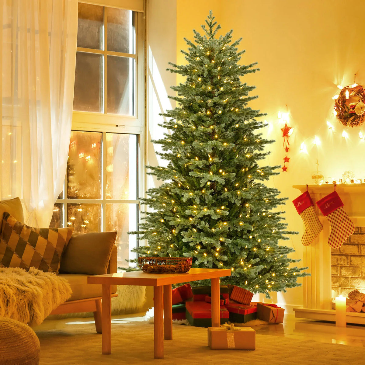LIFEZEAL Pre Lit Hinged Artificial Christmas Spruce Tree