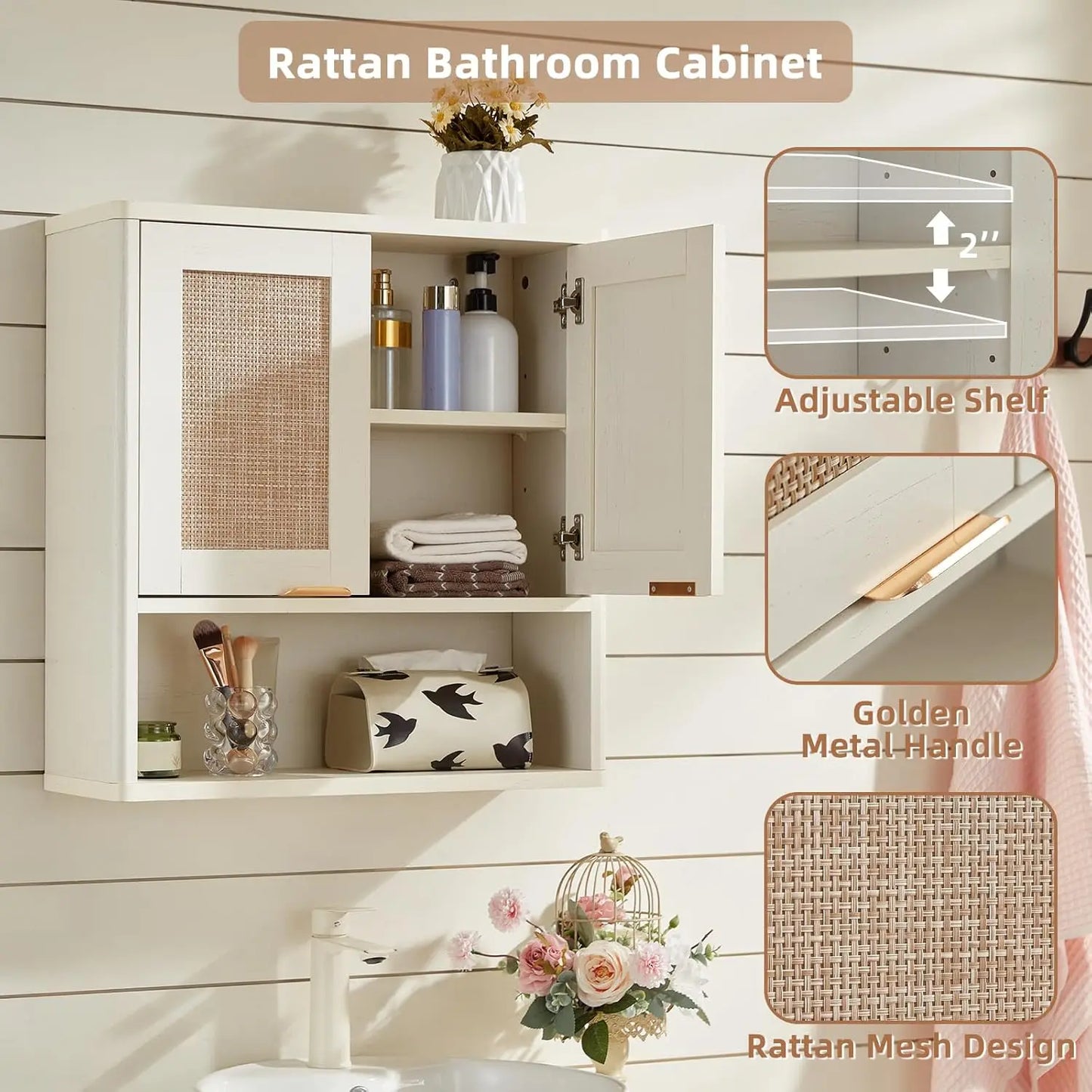 Rattan Bathroom Wall Cabinet Over Toilet Storage Organizer