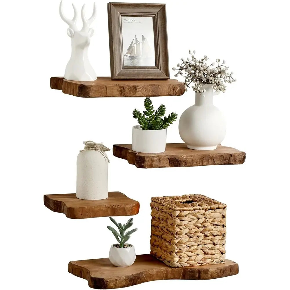 Floating Live Edge Wood Wall Shelves, 4-Piece Set, Wall Mount