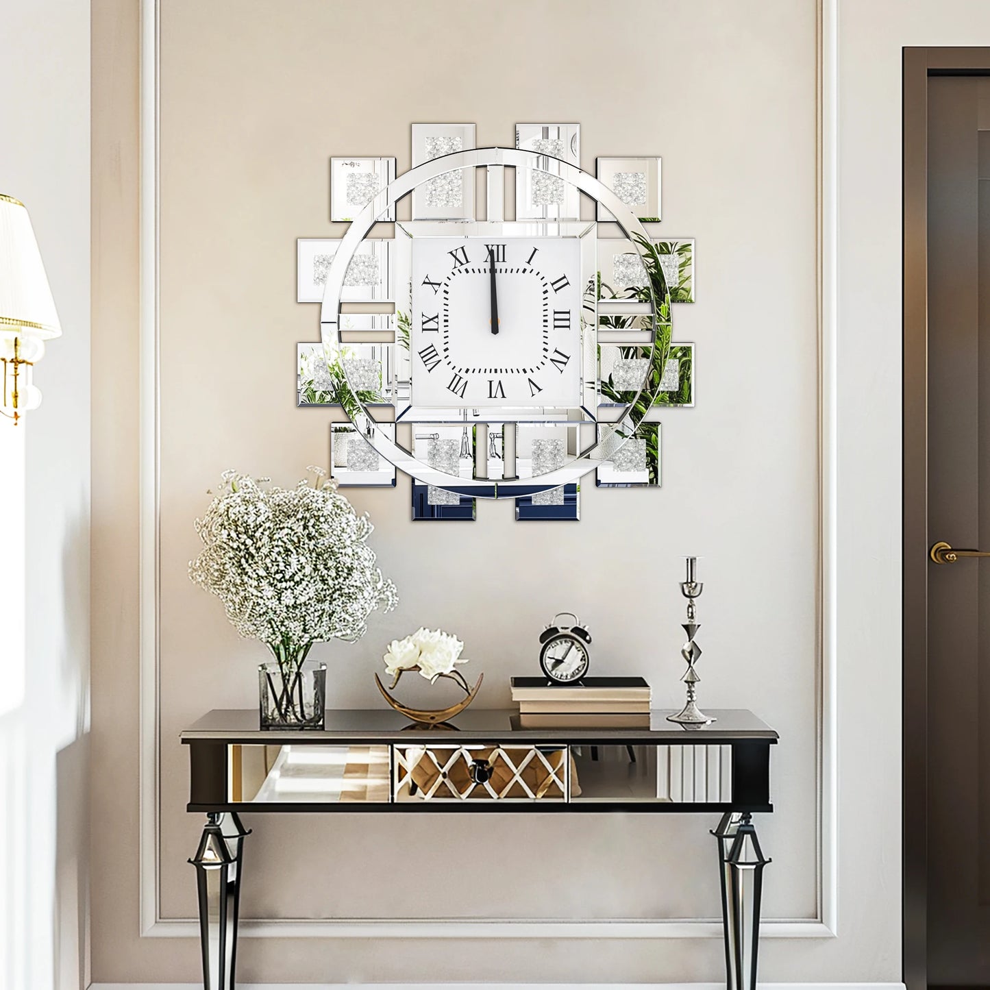 Irregular Diamond Mirrored Wall Clock Quartz Movement Roman Numerals