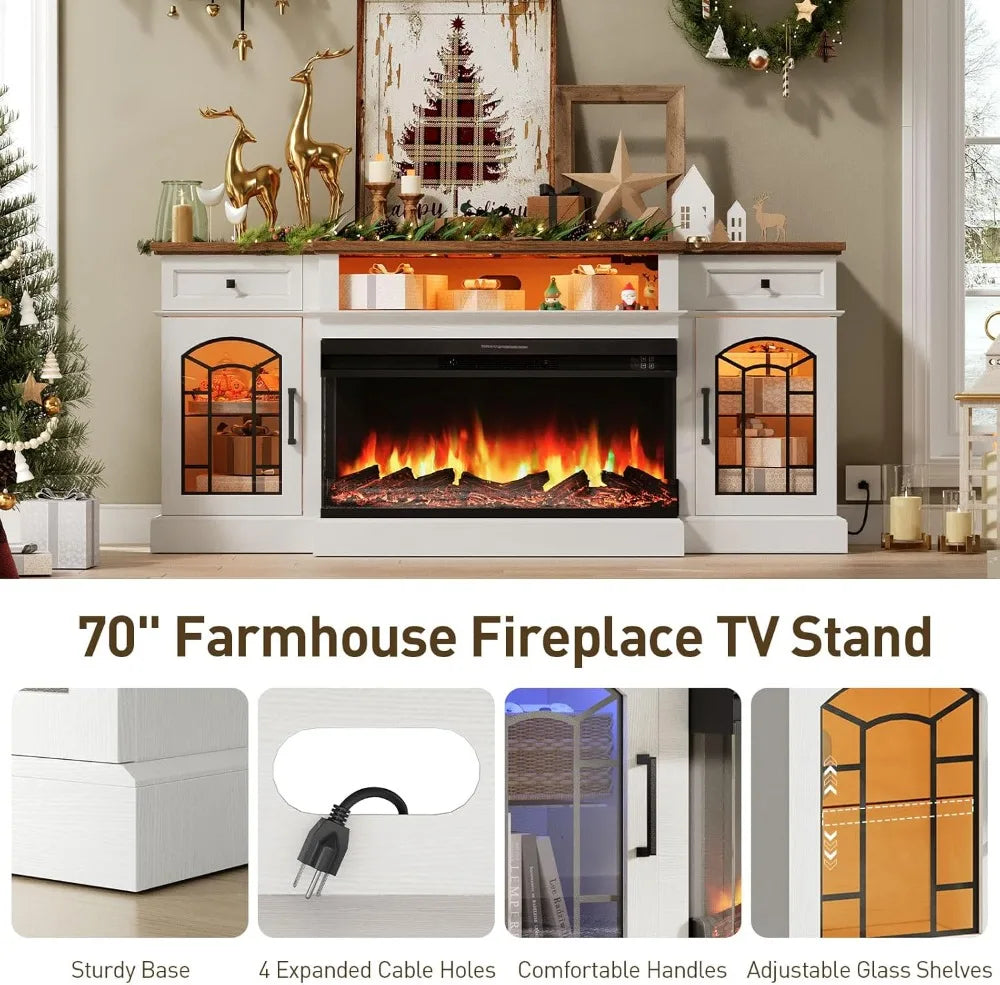 Farmhouse Fireplace TV Stand With Charging Station And Glass Panels