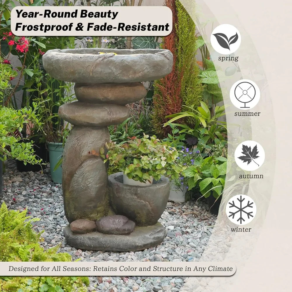 Solar Bird Bath Fountain With Planter And LED Outdoor Waterfall