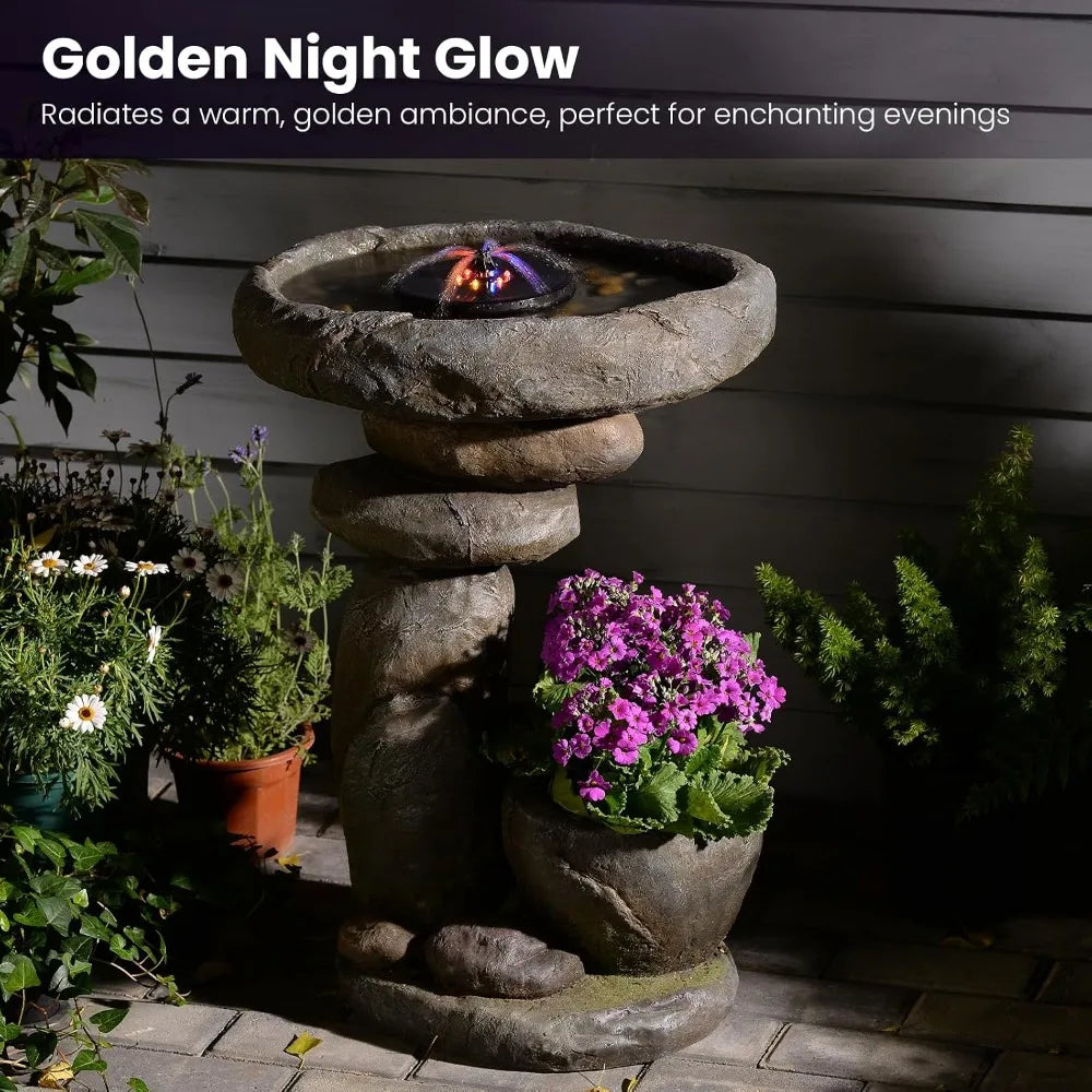 Solar Bird Bath Fountain With Planter And LED Outdoor Waterfall