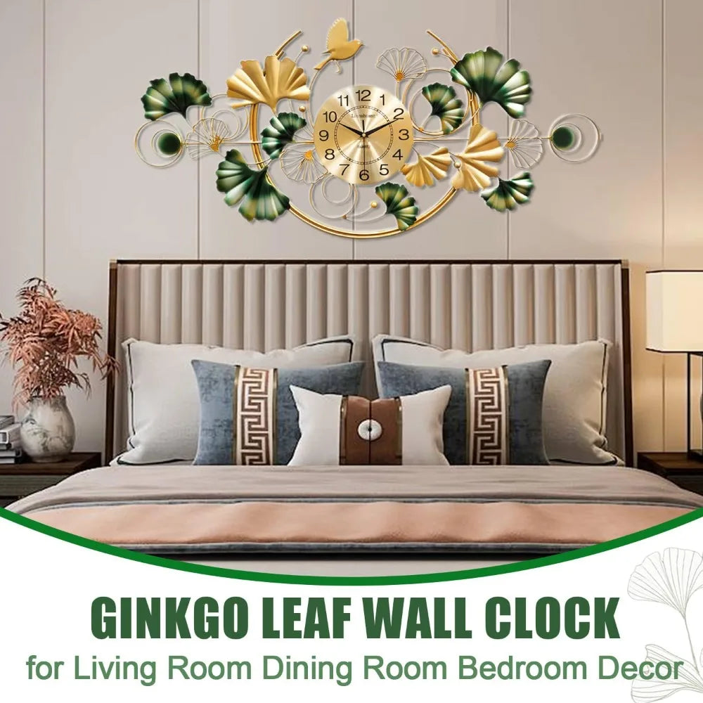 3D Ginkgo Leaf Metal Wall Clock Silent Boho Decor