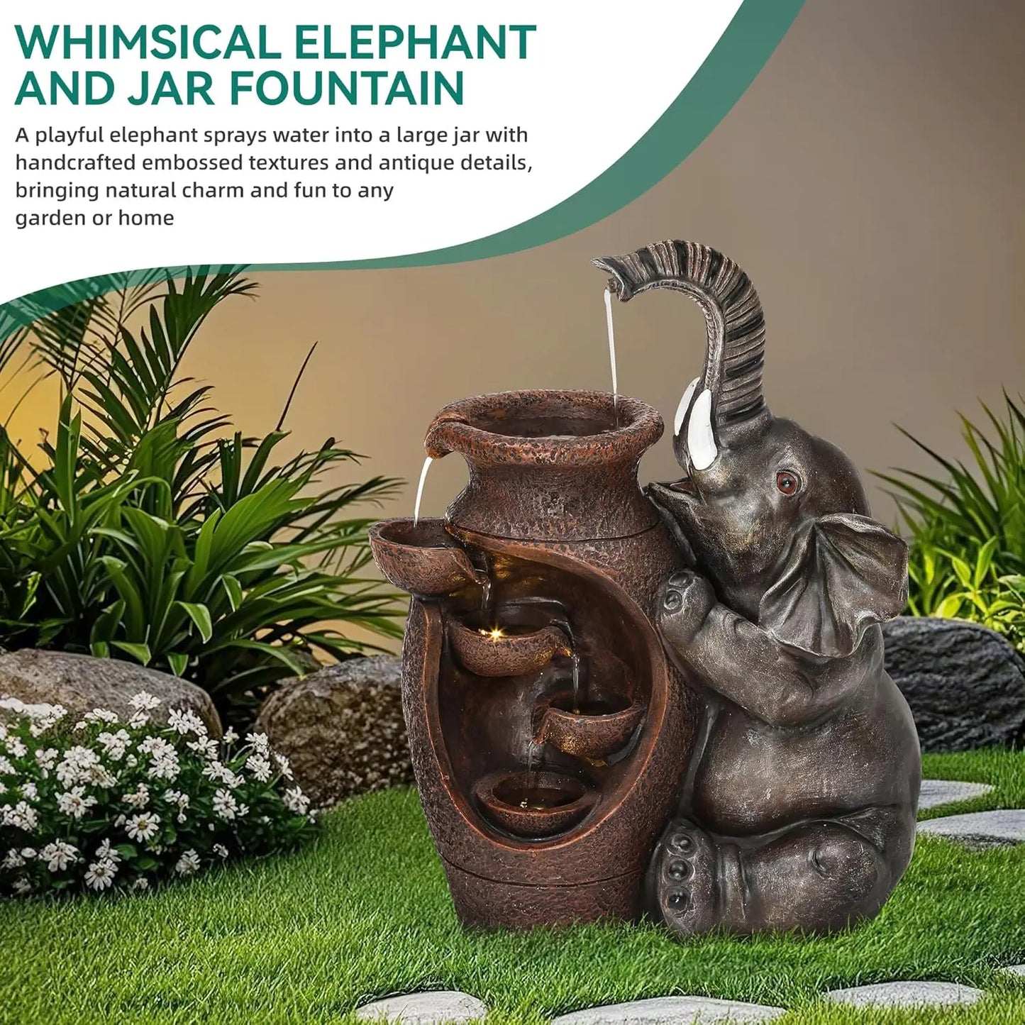 Resin Elephant Outdoor Water Fountain With LED Lights And Pump
