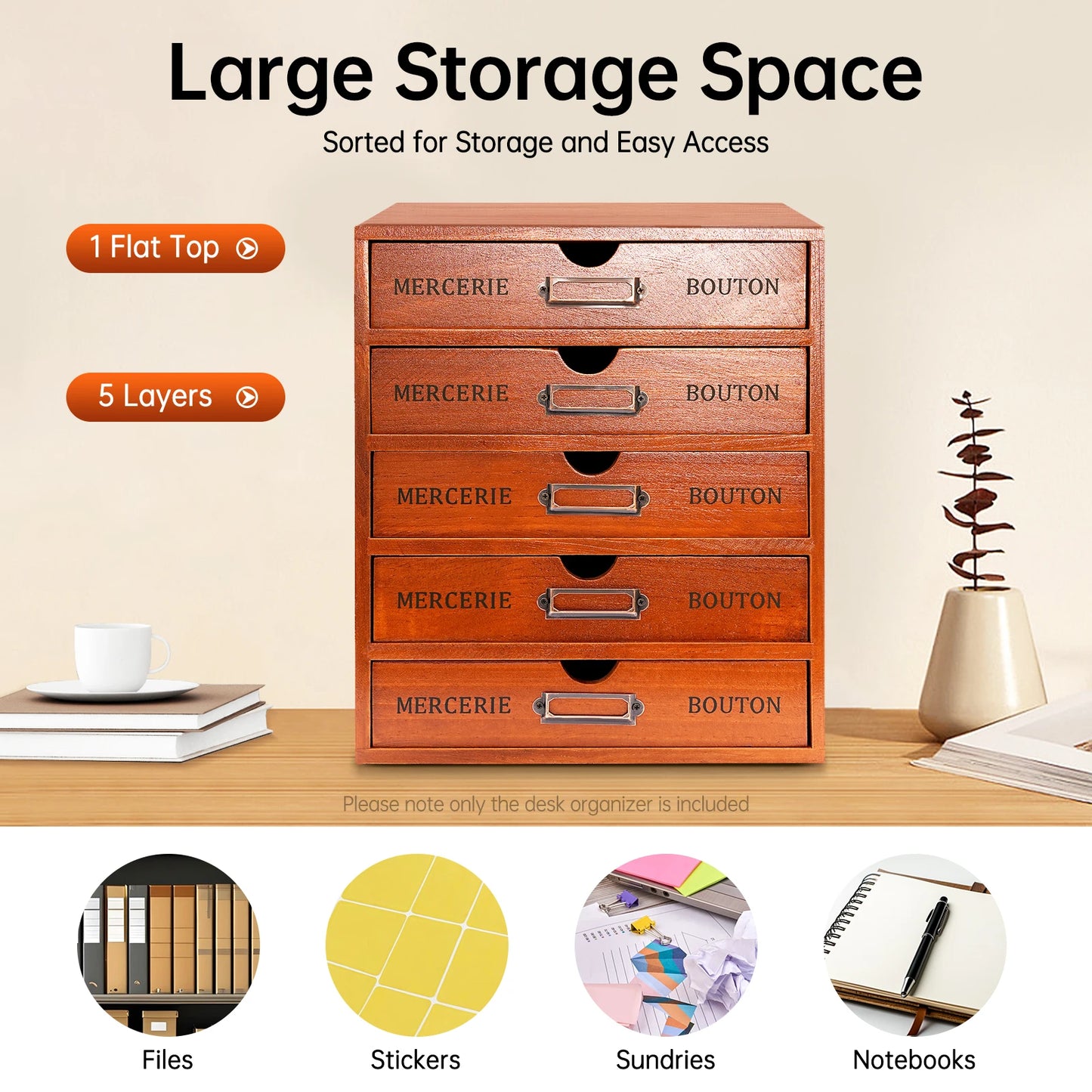 Wooden Desk Organizer With Five Drawers For Office And Study
