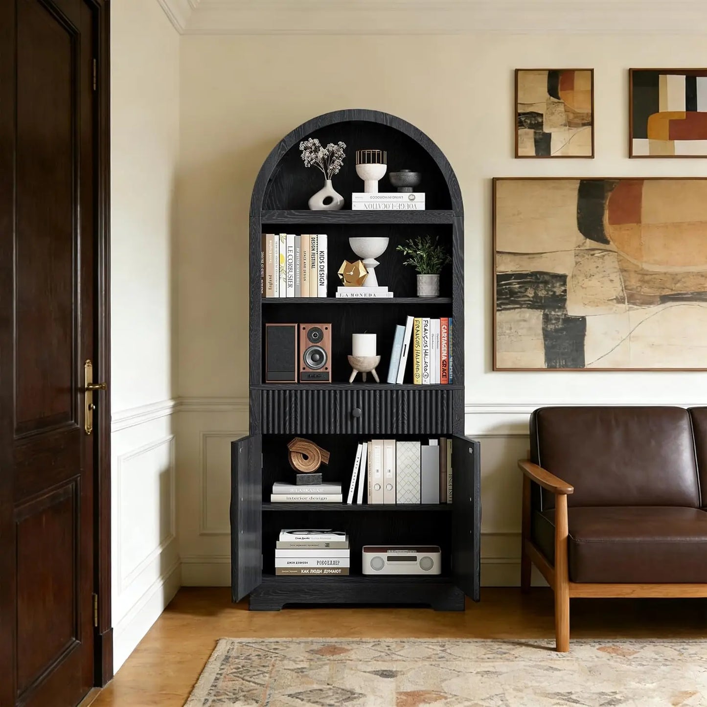 Farmhouse Arched Bookshelf 5-Tier Cabinet With Door
