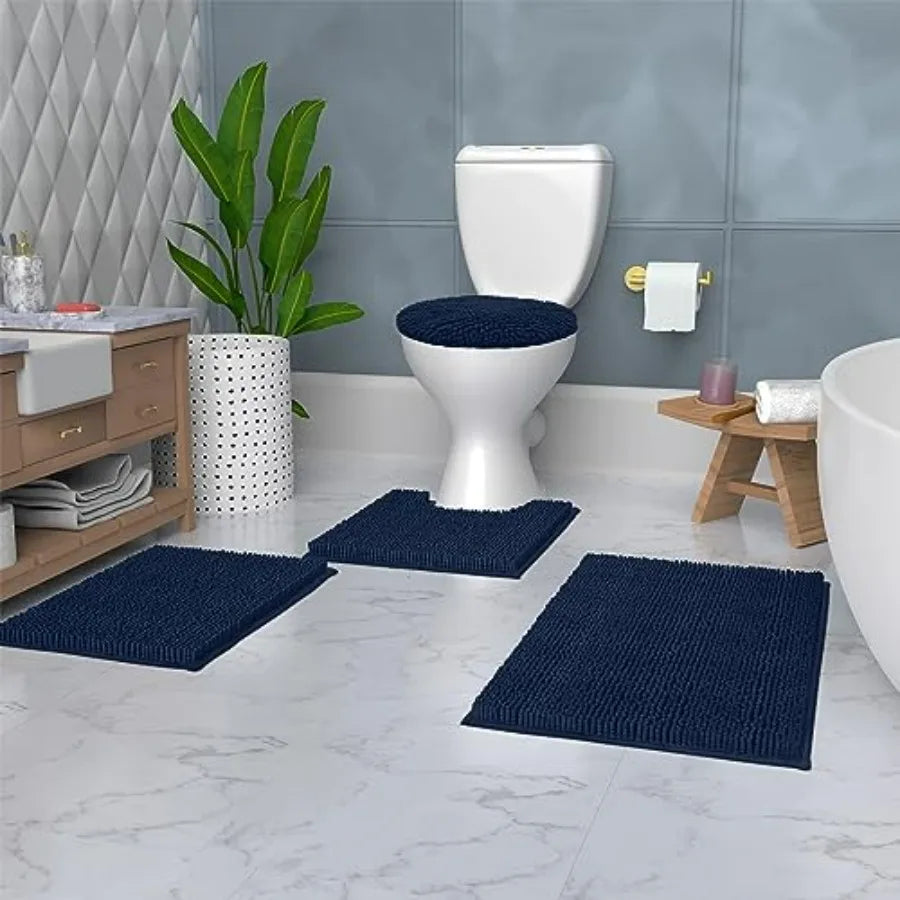 Bathroom Rugs Set Non Slip Shaggy Chenille Four Piece Mat