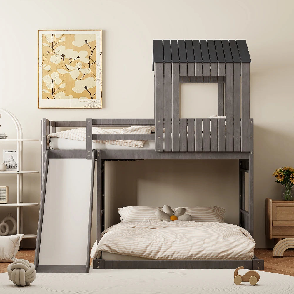 Wooden Bunk Bed With Playhouse Ladder Slide And Guardrails