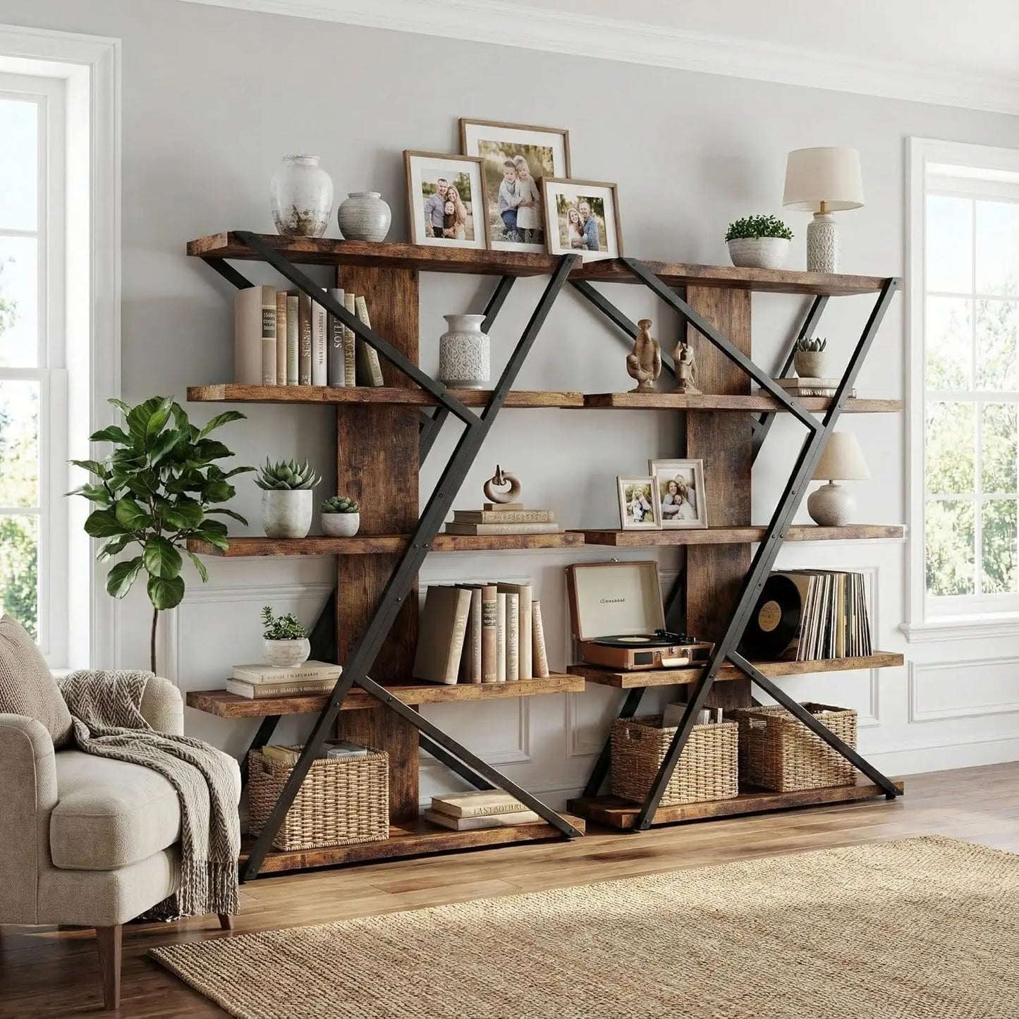 Rustic Industrial 5-Tier Wood and Metal Bookshelf Display
