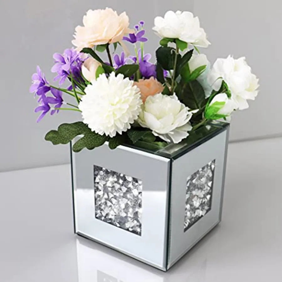 Crushed Diamond Mirrored Vase Crystal Glass Decorative Accent