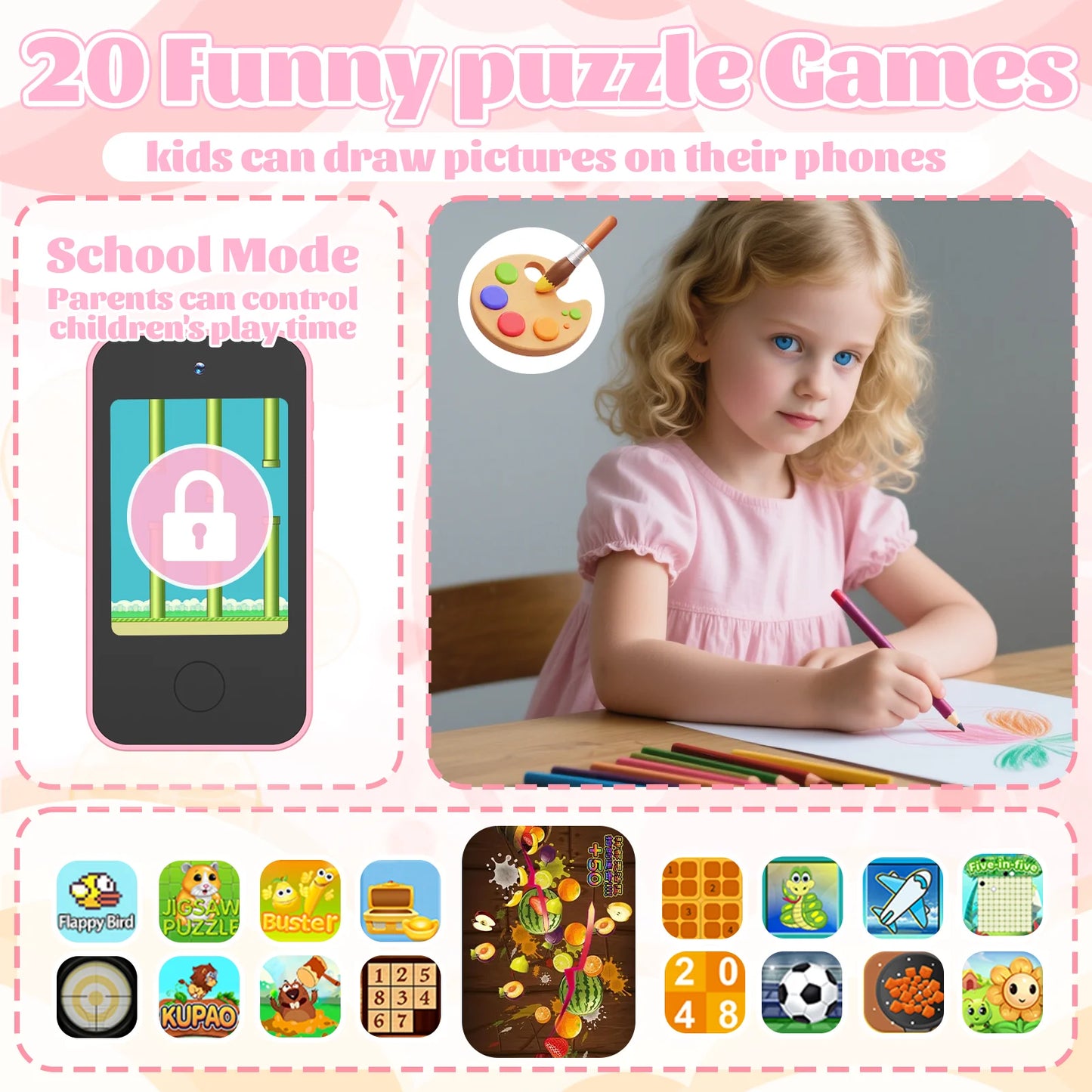 Mini Kids Smart Phone Dual Camera 1080P HD Touchscreen Educational