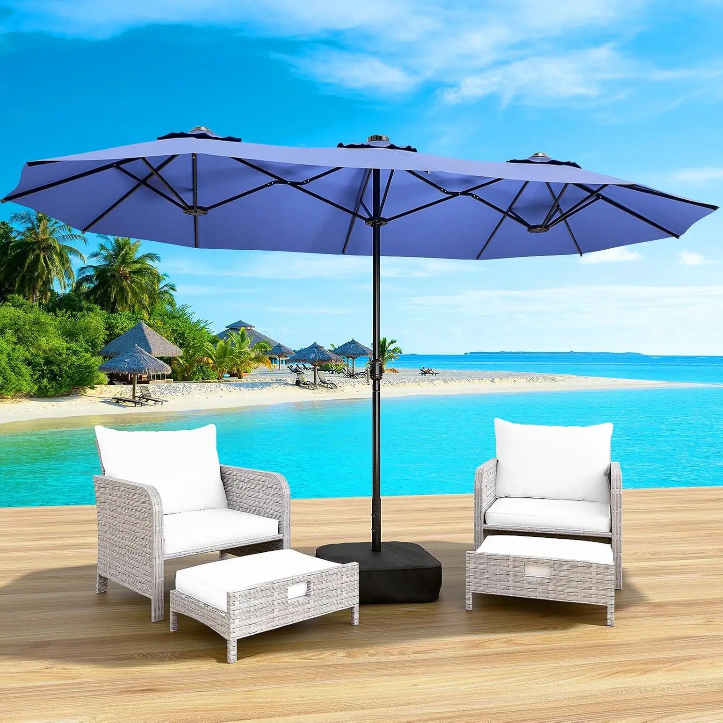 Patio Umbrella With Base And Solar LED Lights Double Sided